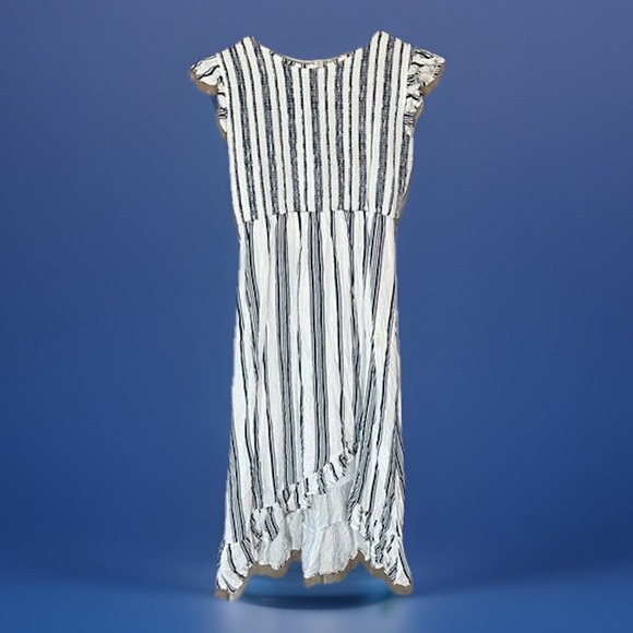 Böhme Dresses & Skirts - Böhme Striped Midi Dress Ruffle Hem Sleeveless Casual Summer Size S Blue White